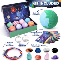 Toylink eight planets bath bombs reveal colorful water and hidden gemstones.