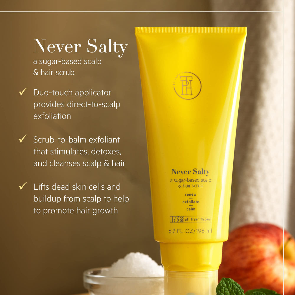 TPH by Taraji Never Salty Sugar Scalp Scrub bottle on shelf emphasizes simple cleansing ritual.