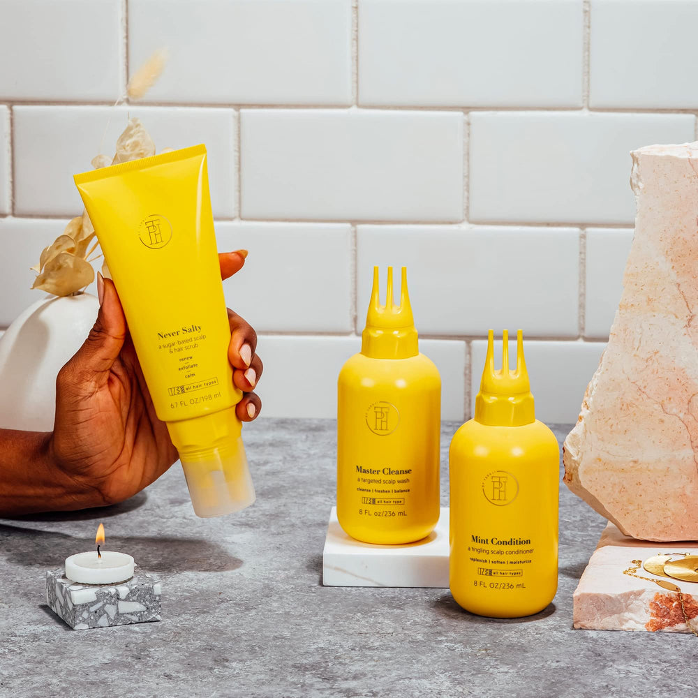 TPH by Taraji Never Salty Sugar Scalp Scrub package detail highlights two jars.