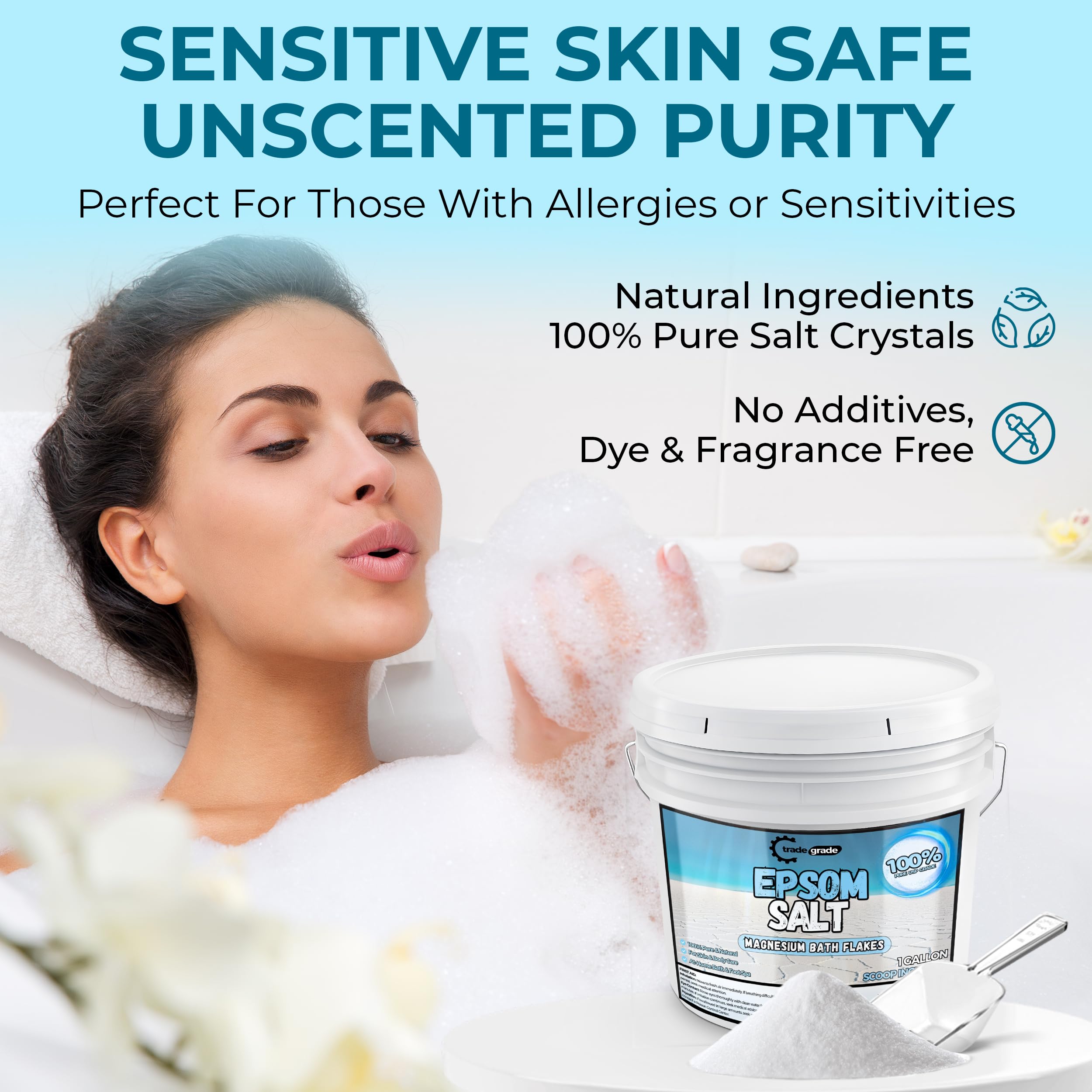 Trade Grade Epsom Salt fragrance-free formula stays true to crystals.