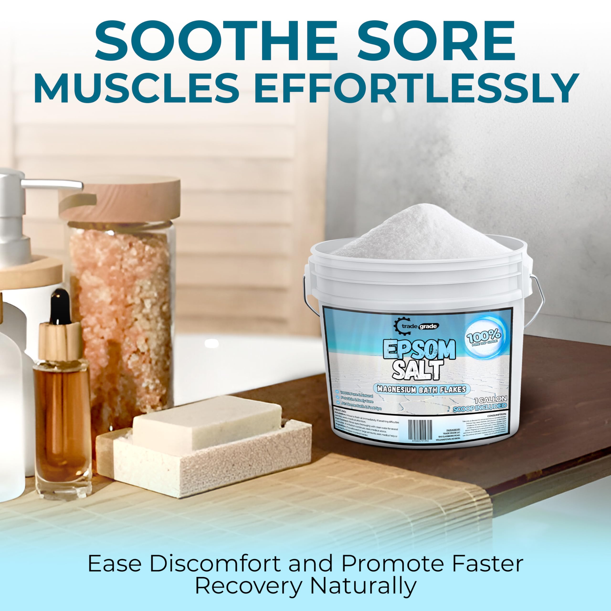 Trade Grade Epsom Salt measuring scoop included for precise dosing.