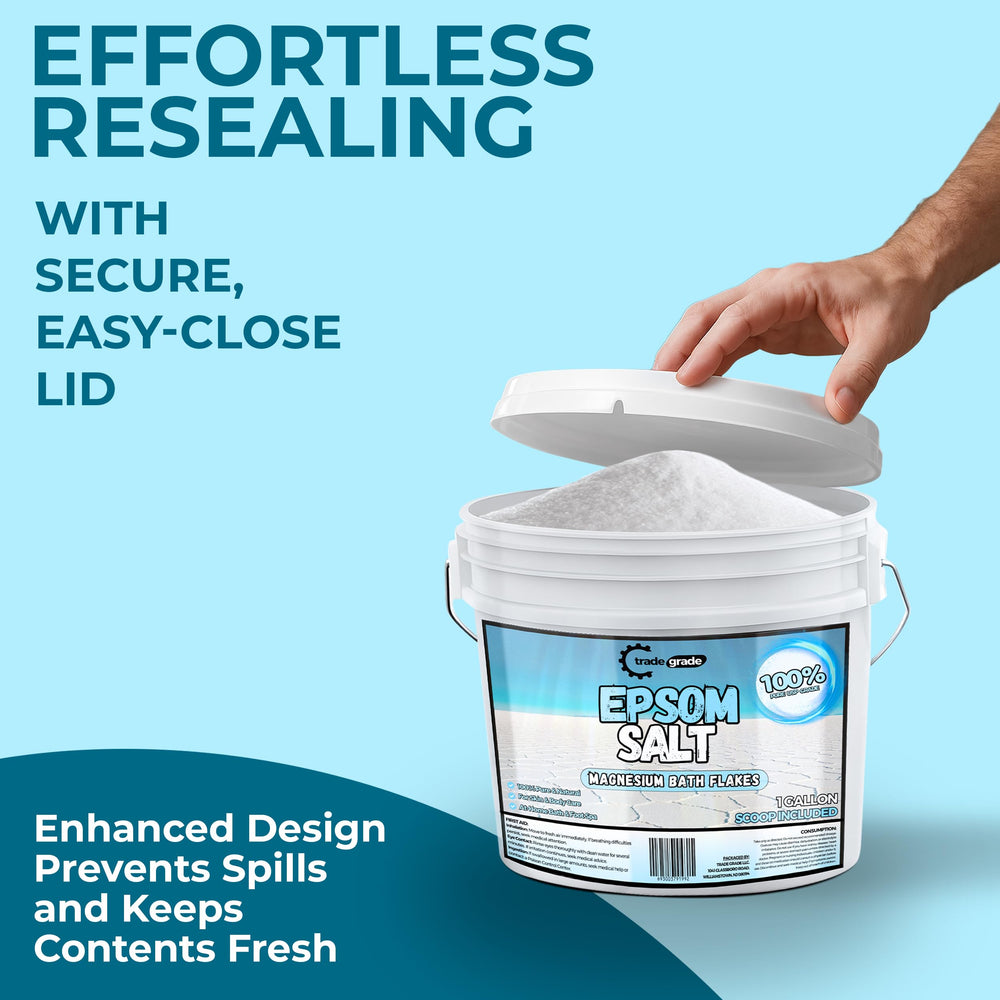 Trade Grade Epsom Salt 1-gallon bucket supports easy measuring and freshness.