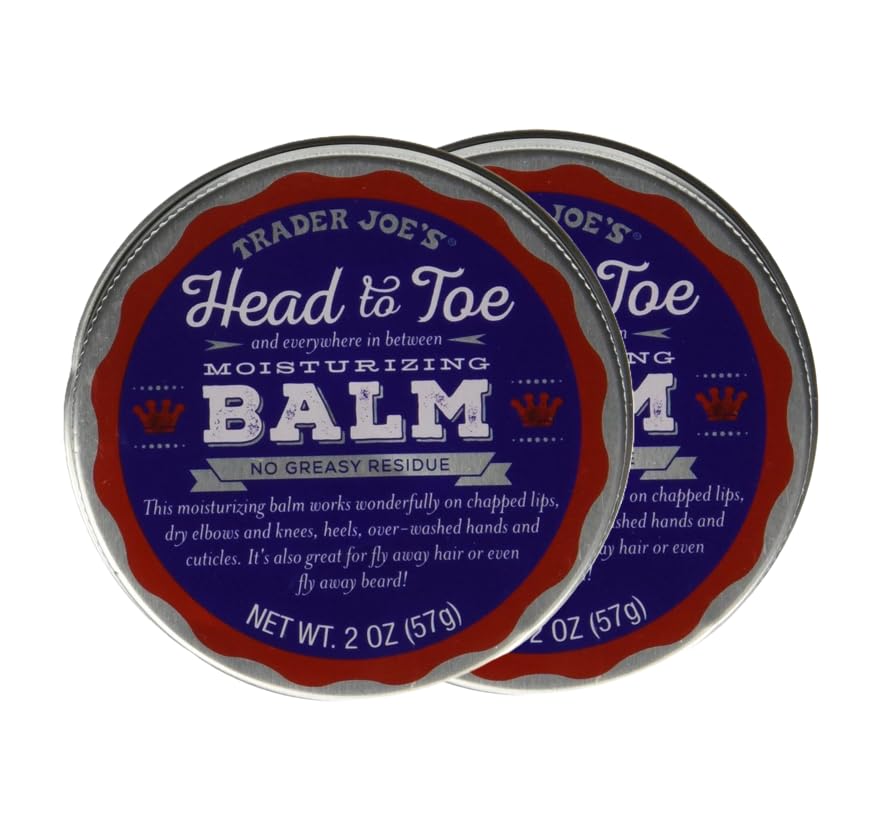 Trader Joe's Head to Toe Moisturizing Balm tin, front view, nourishes skin without heaviness
