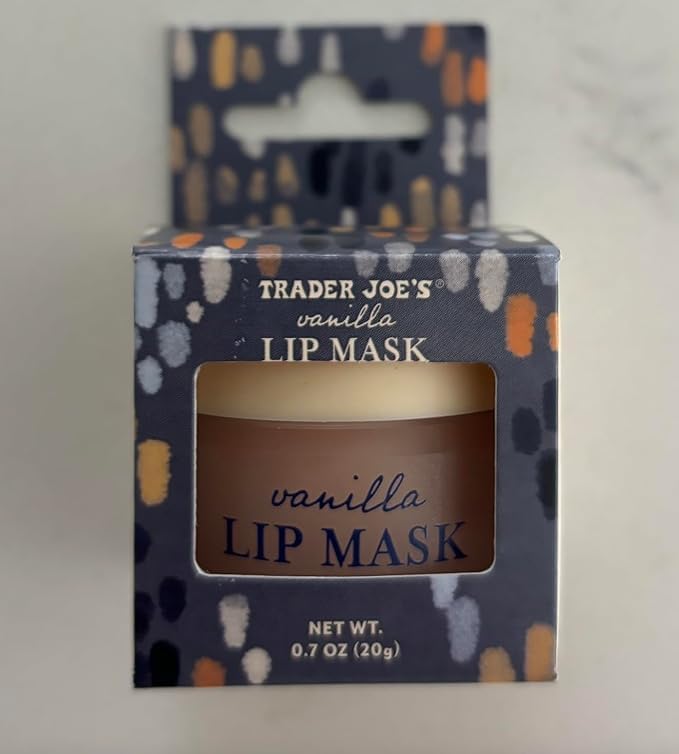 Trader Joe's Vanilla Lip Mask jar close-up shows creamy, soothing lip care.