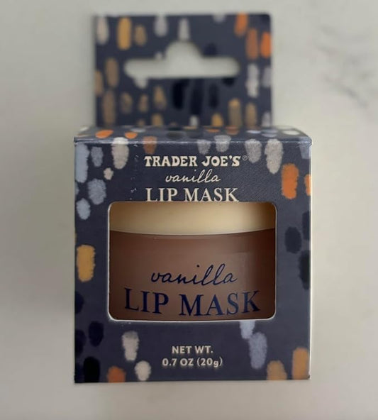 Trader Joe's Vanilla Lip Mask jar close-up shows creamy, soothing lip care.