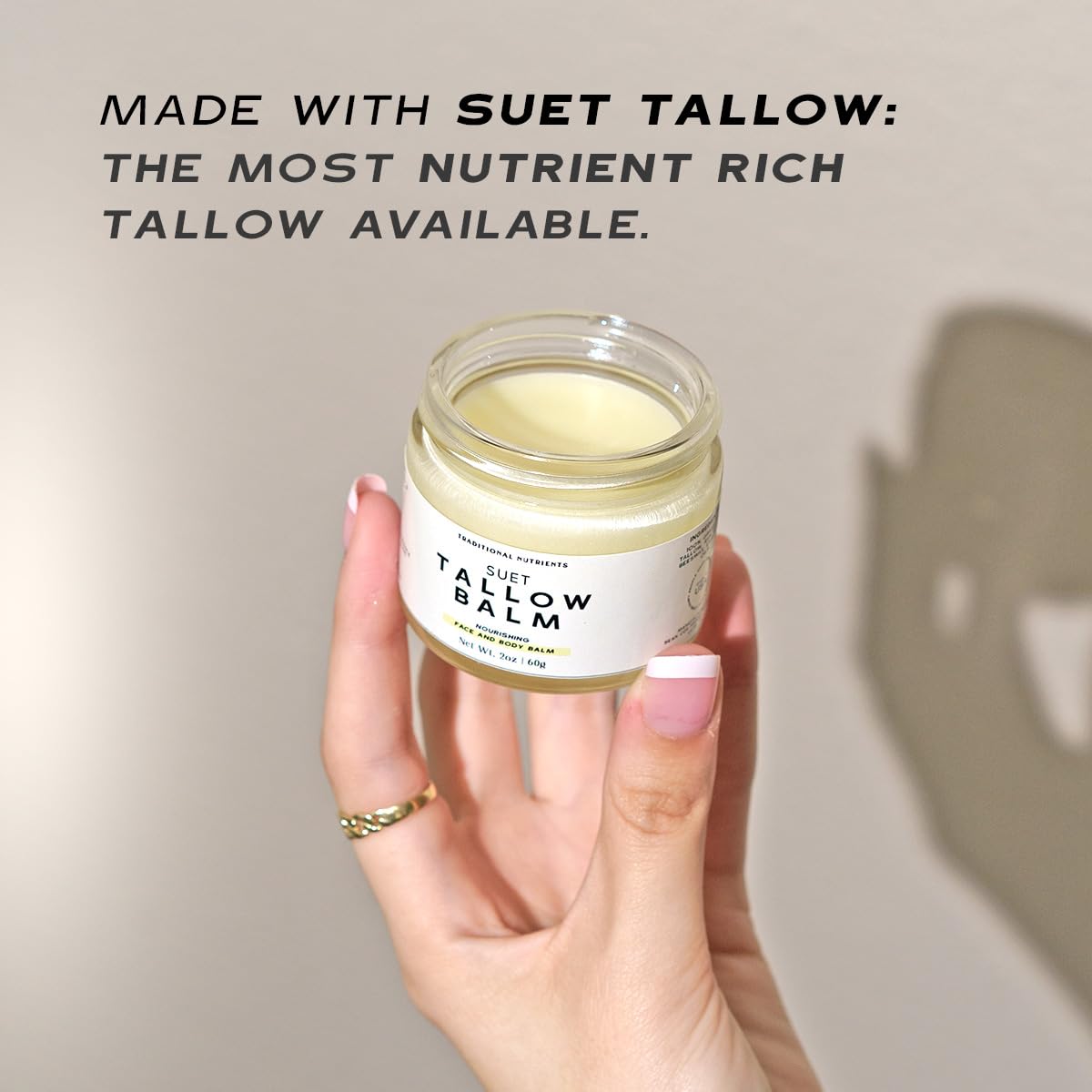 TRADITIONAL NUTRIENTS Tallow Balm honey-beeswax for lasting moisture.
