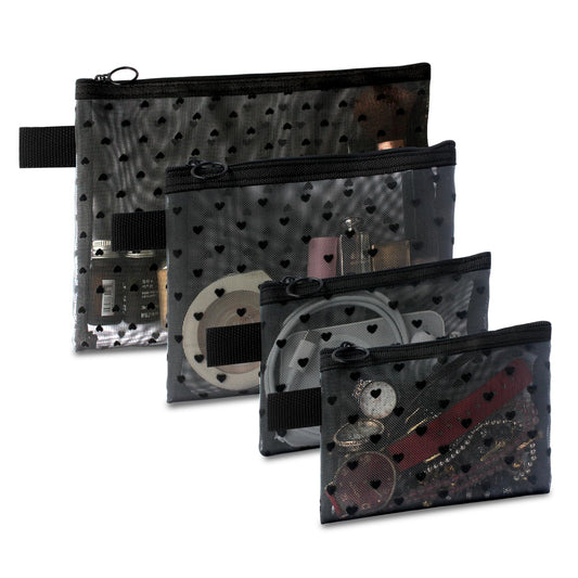 TRAKWAN heart-printed mesh makeup bag set in black, ideal for on-the-go organization