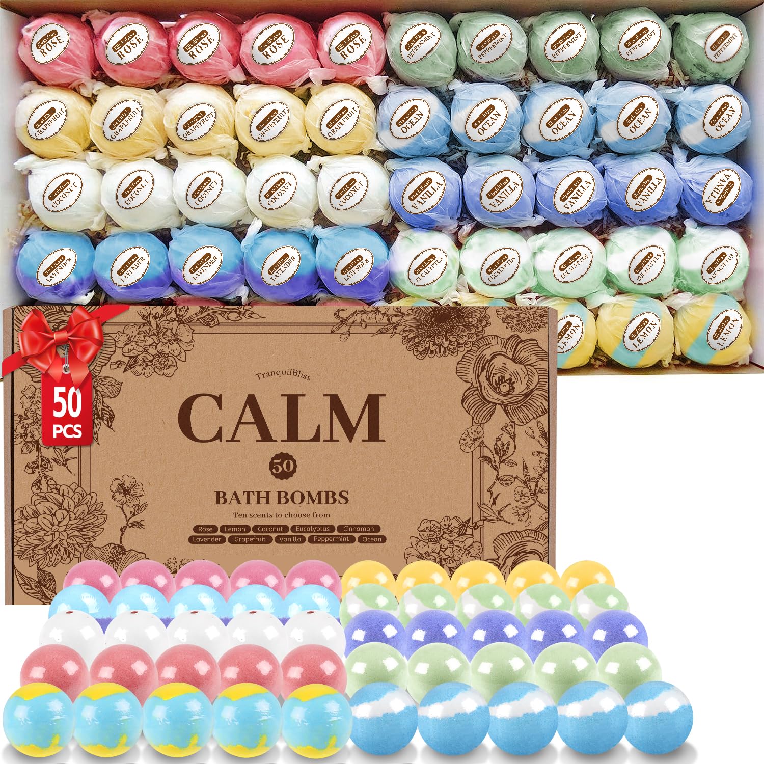 TranquilBliss 50pcs bath bombs gift box ready for gifting and home spa moments.