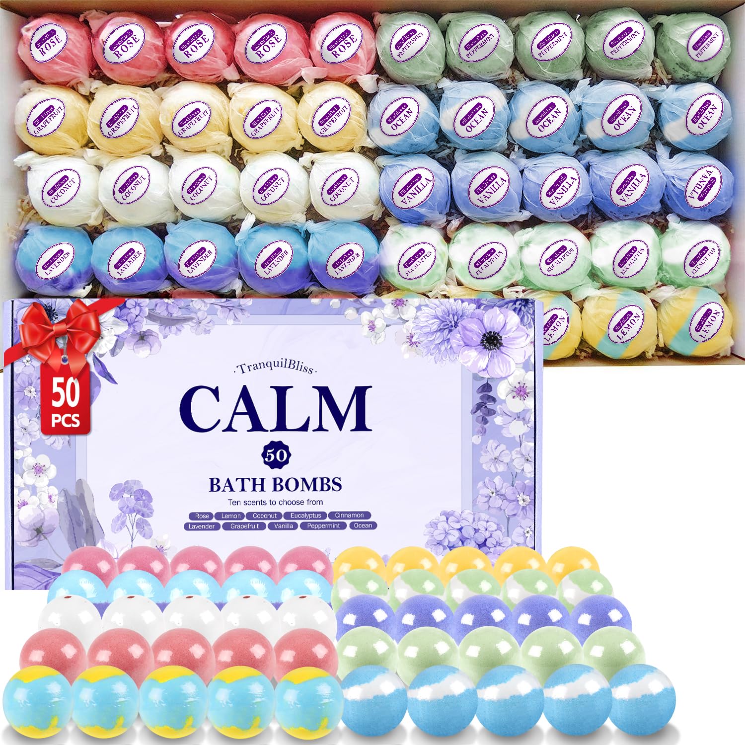 TranquilBliss 50-piece bath bombs in a gift box for a luxurious bath experience