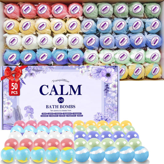TranquilBliss 50-piece bath bombs in a gift box for a luxurious bath experience