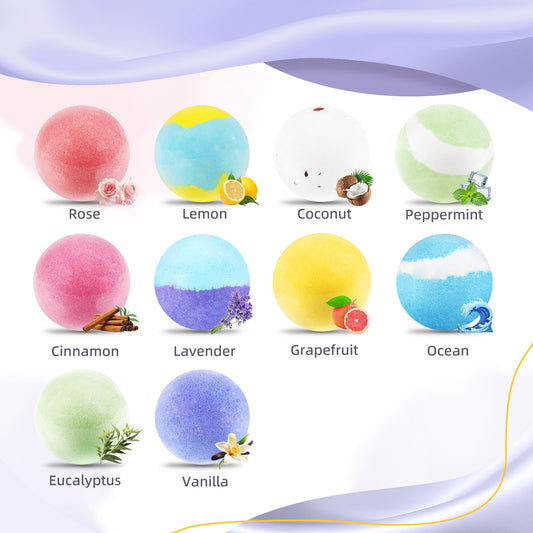 TranquilBliss bathbombs with a 10-scent variety shown for mood pairing.