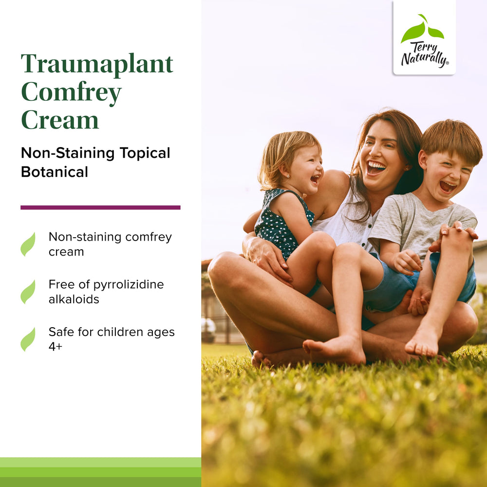 Traumaplant comfrey cream label close-up highlights PA-free and vegan ingredients