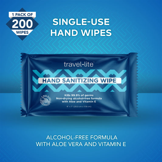 Travel Lite aloe vera and vitamin E wipes moisturize while cleaning the hands.