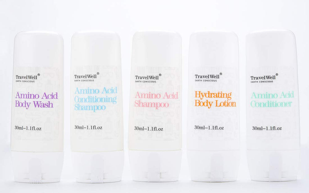Travelwell ECO Amenities shampoo in hotel bathroom scene suggests convenient guest comfort