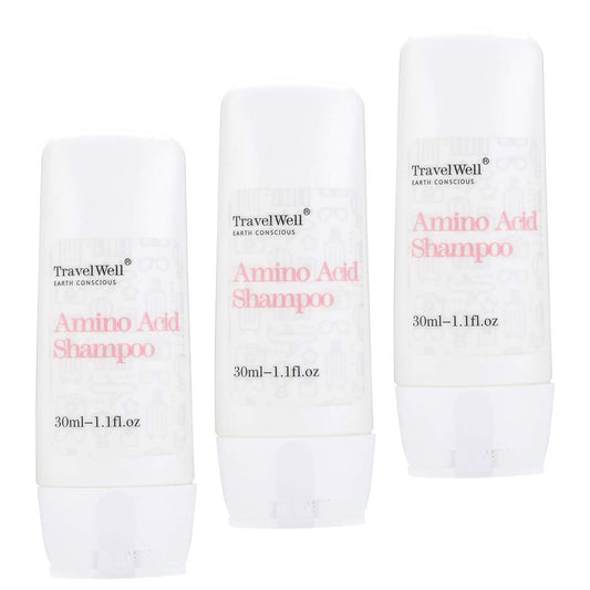 Travelwell ECO Amenities shampoo bottle on shelf shows travel-friendly hospitality use