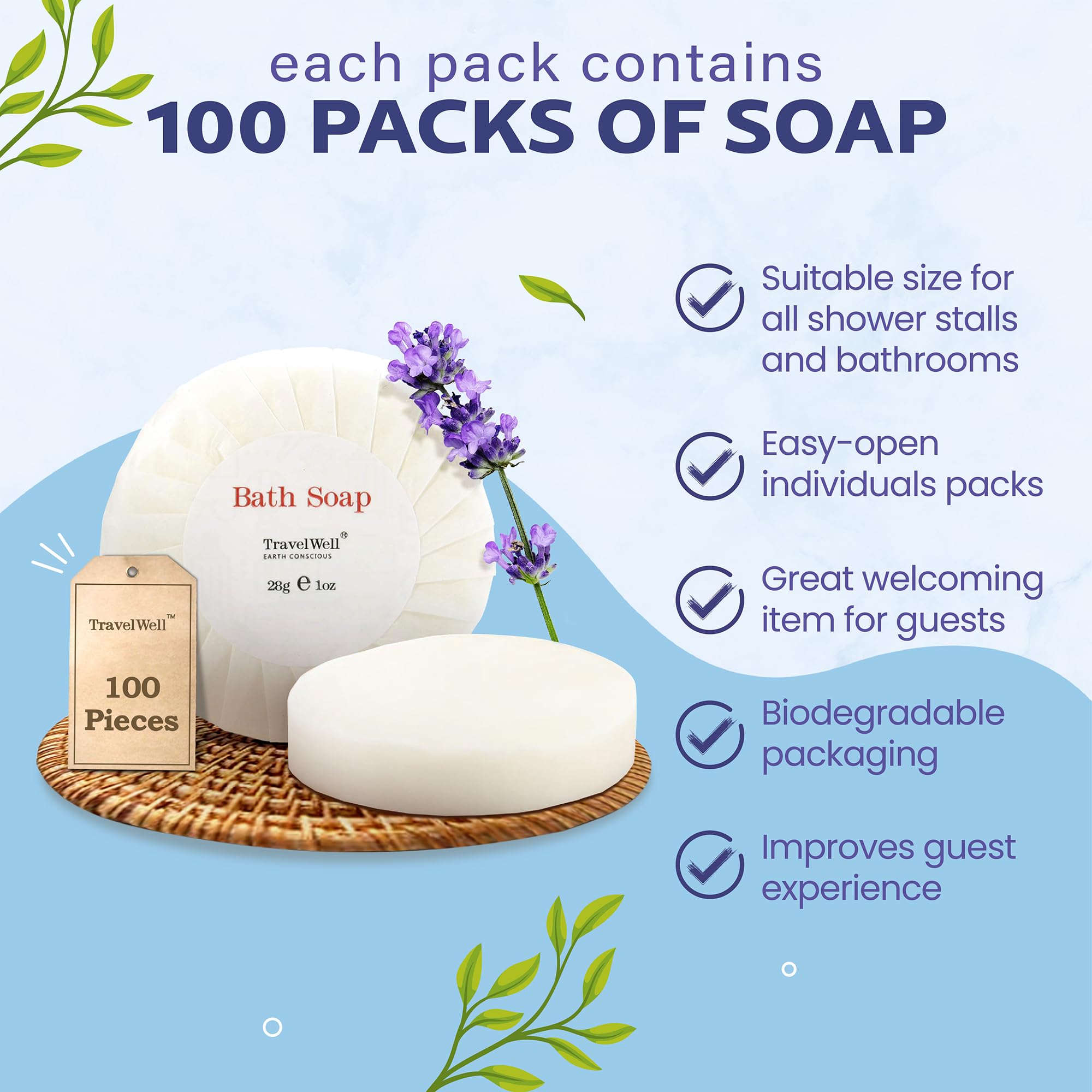 Travelwell mini hotel soap 1 oz, easy to replace during housekeeping.