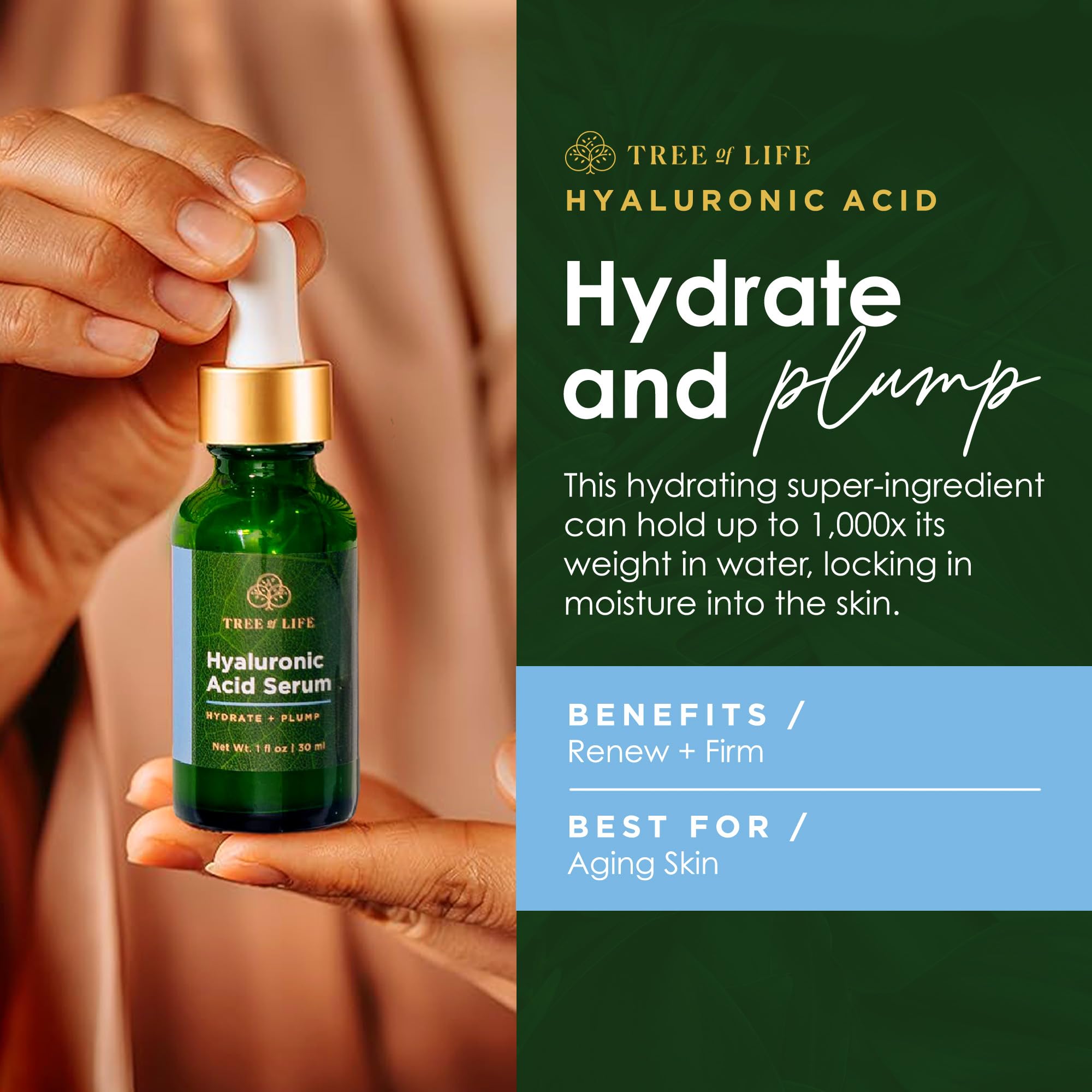 Hyaluronic serum dropper releasing drops for quick, lightweight hydration.