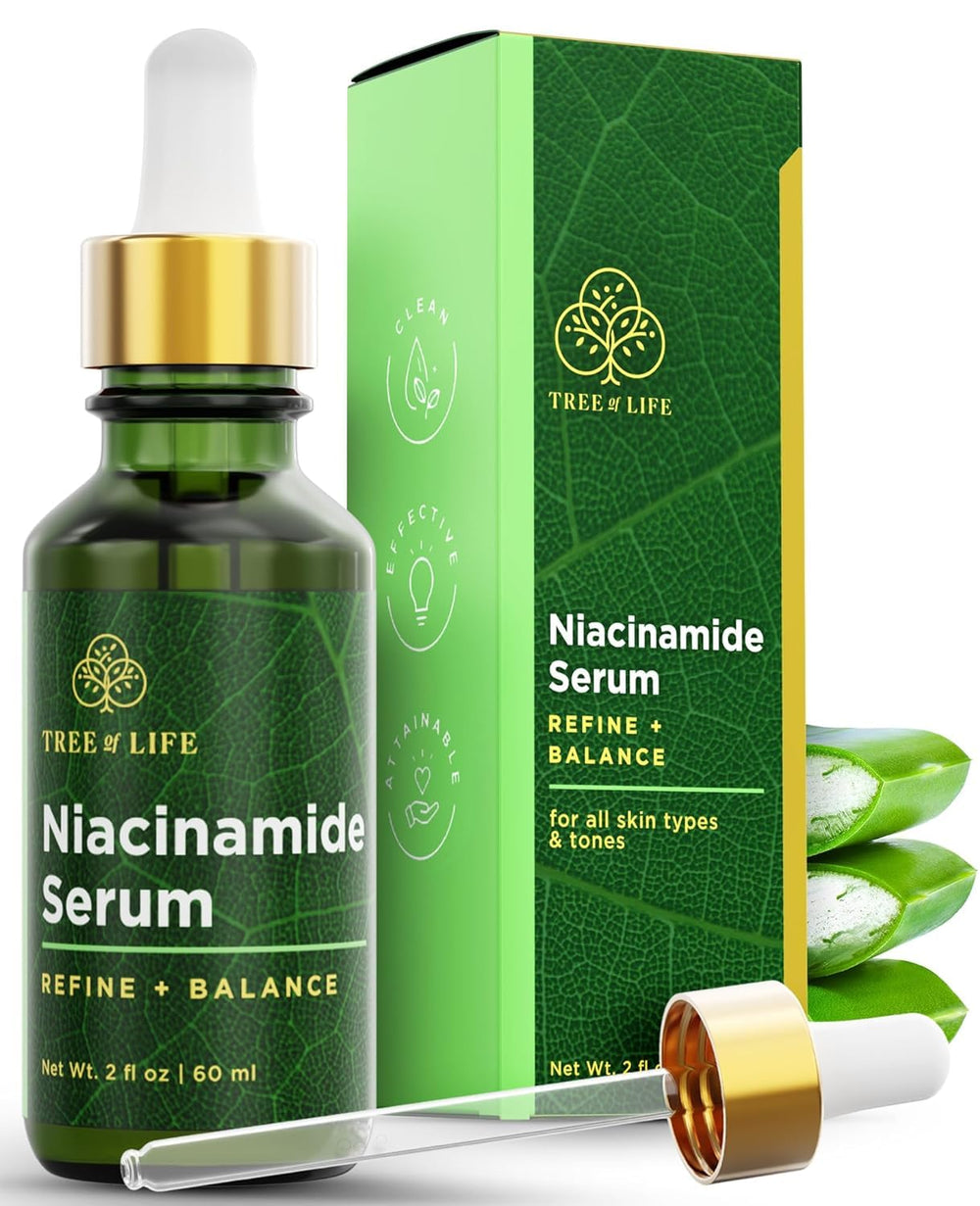 Tree of Life Beauty Niacinamide serum bottle closeup showing premium hydration and pore tightening