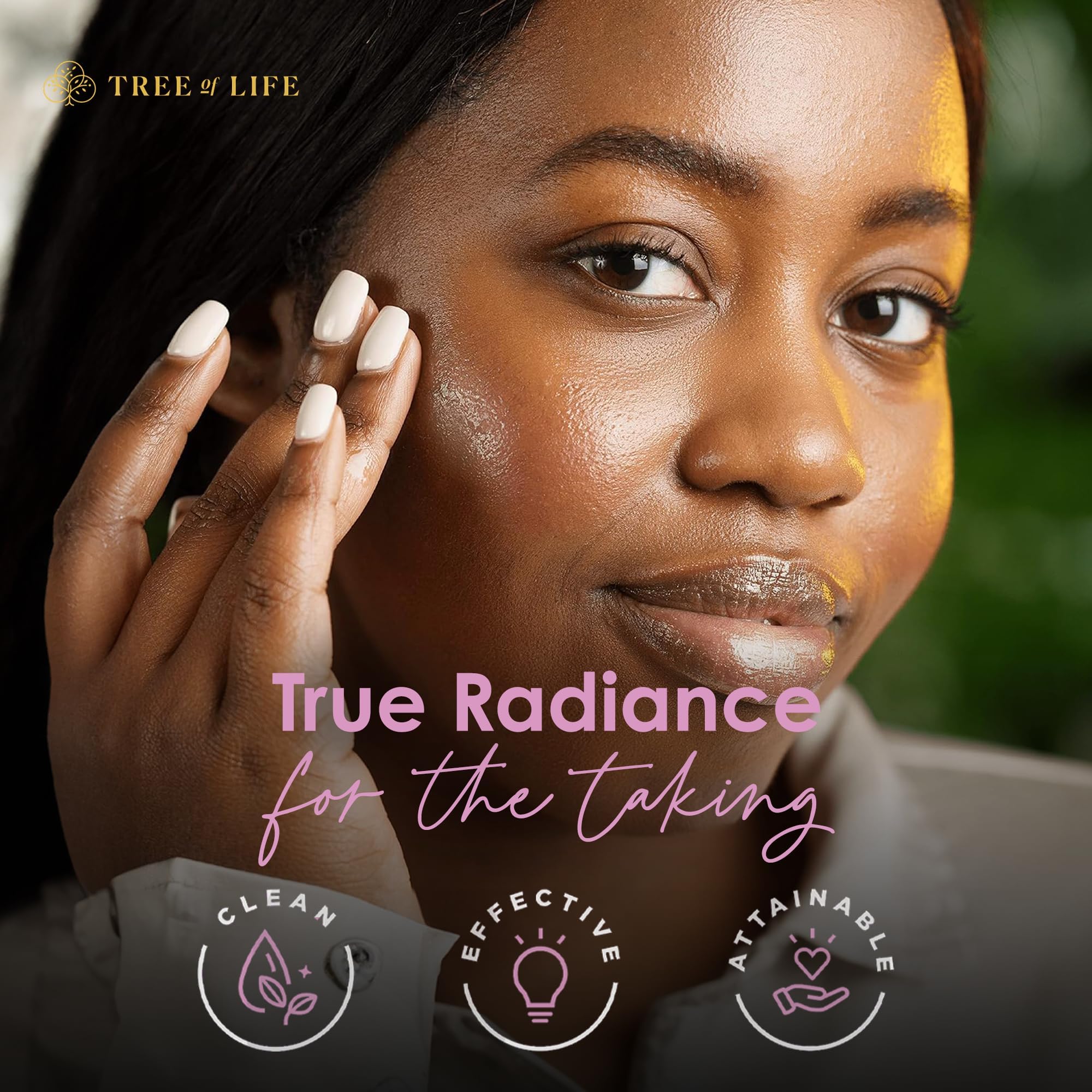 Evening skincare setup featuring Tree of Life Beauty serum.