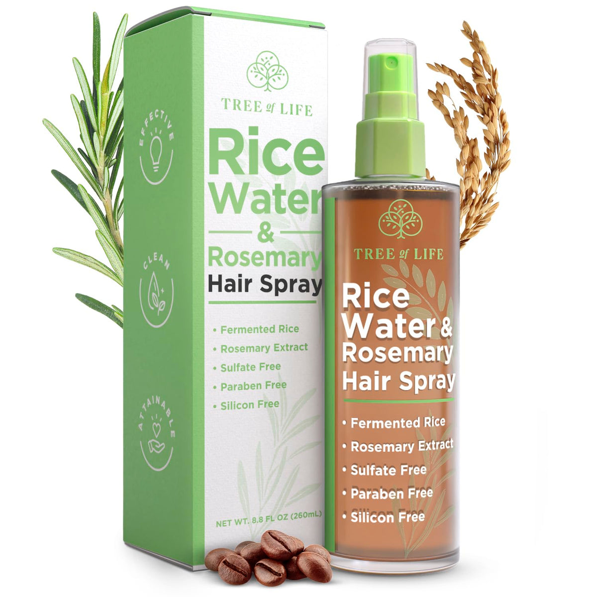 Tree of Life Beauty rice water spray bottle ready for effortless application to nourish hair.