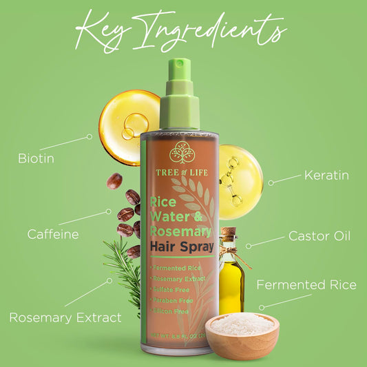 Tree of Life Beauty rosemary water spray highlights a lightweight, non-greasy formula.