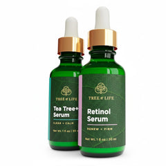 Tree of Life Beauty Tea Tree serum bottle showing soothing formula for calm skin.