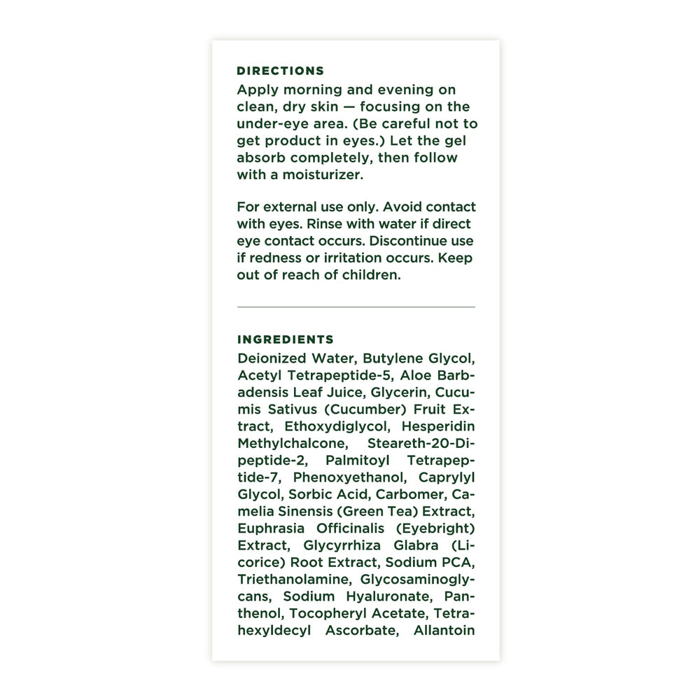 Tree of Life Beauty vitamin C eye gel ingredients include organic aloe and cucumber