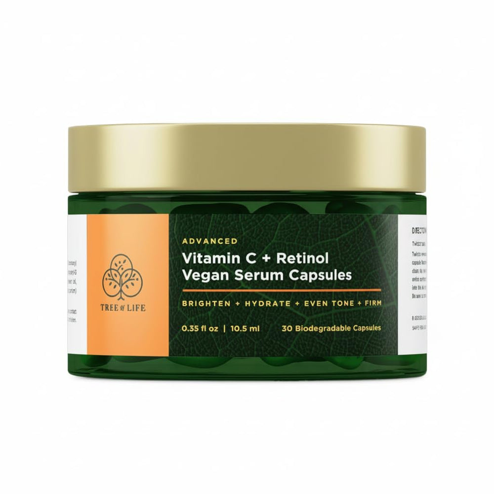 Tree of Life Vitamin C & Retinol Serum Capsules bottle highlights vegan hydration-friendly formula.