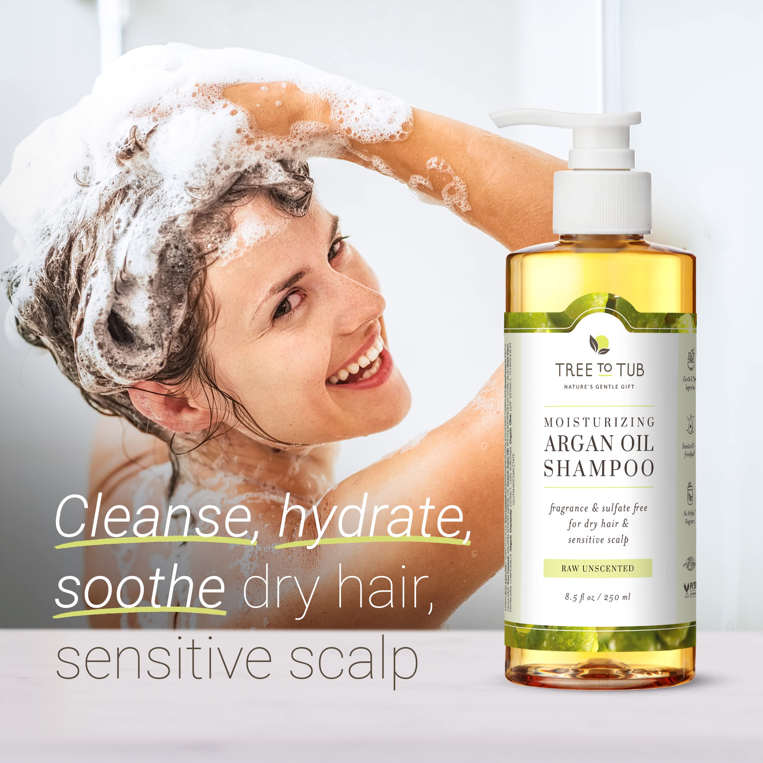 Ingredients label highlights soapberry and argan oil in Tree to Tub shampoo