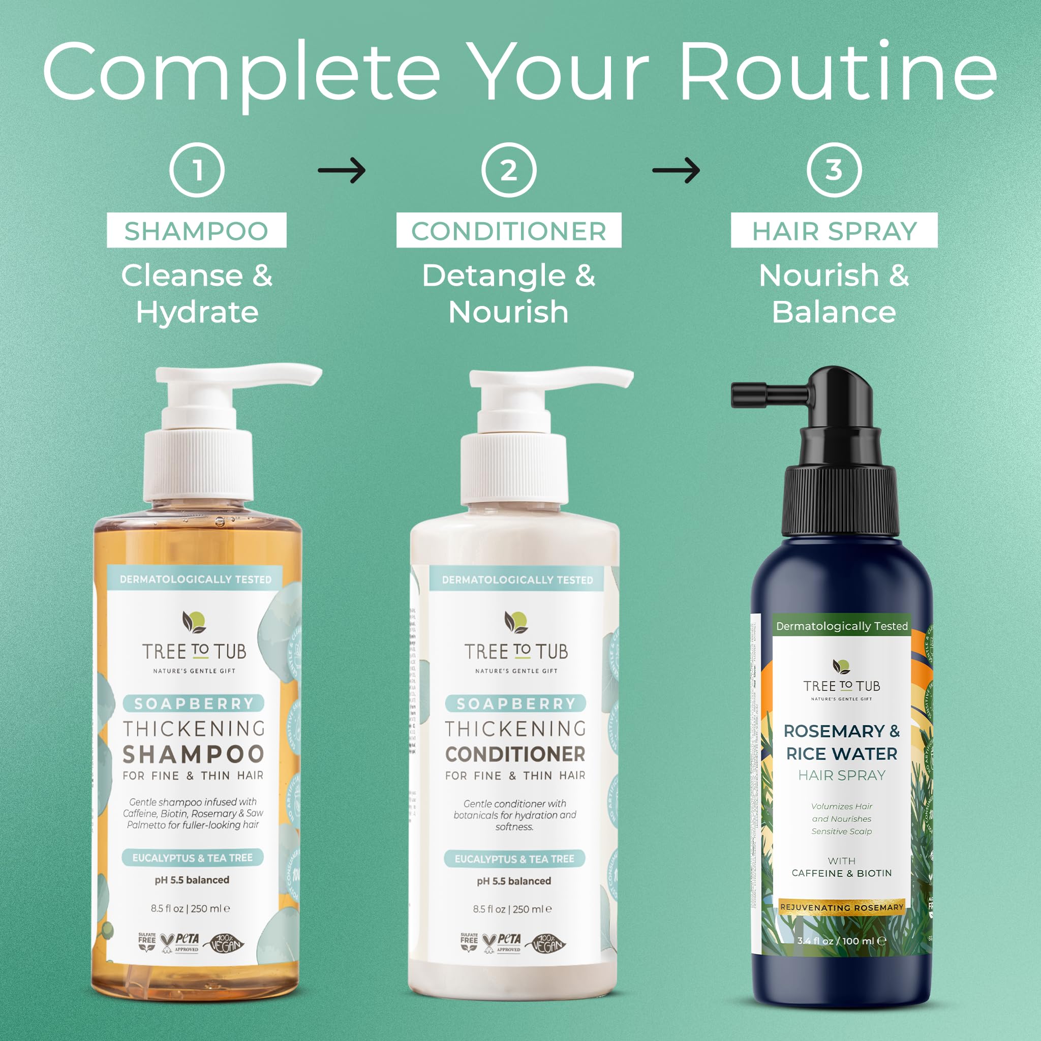 Tree to Tub Hair care set on sink showing daily routine in progress.