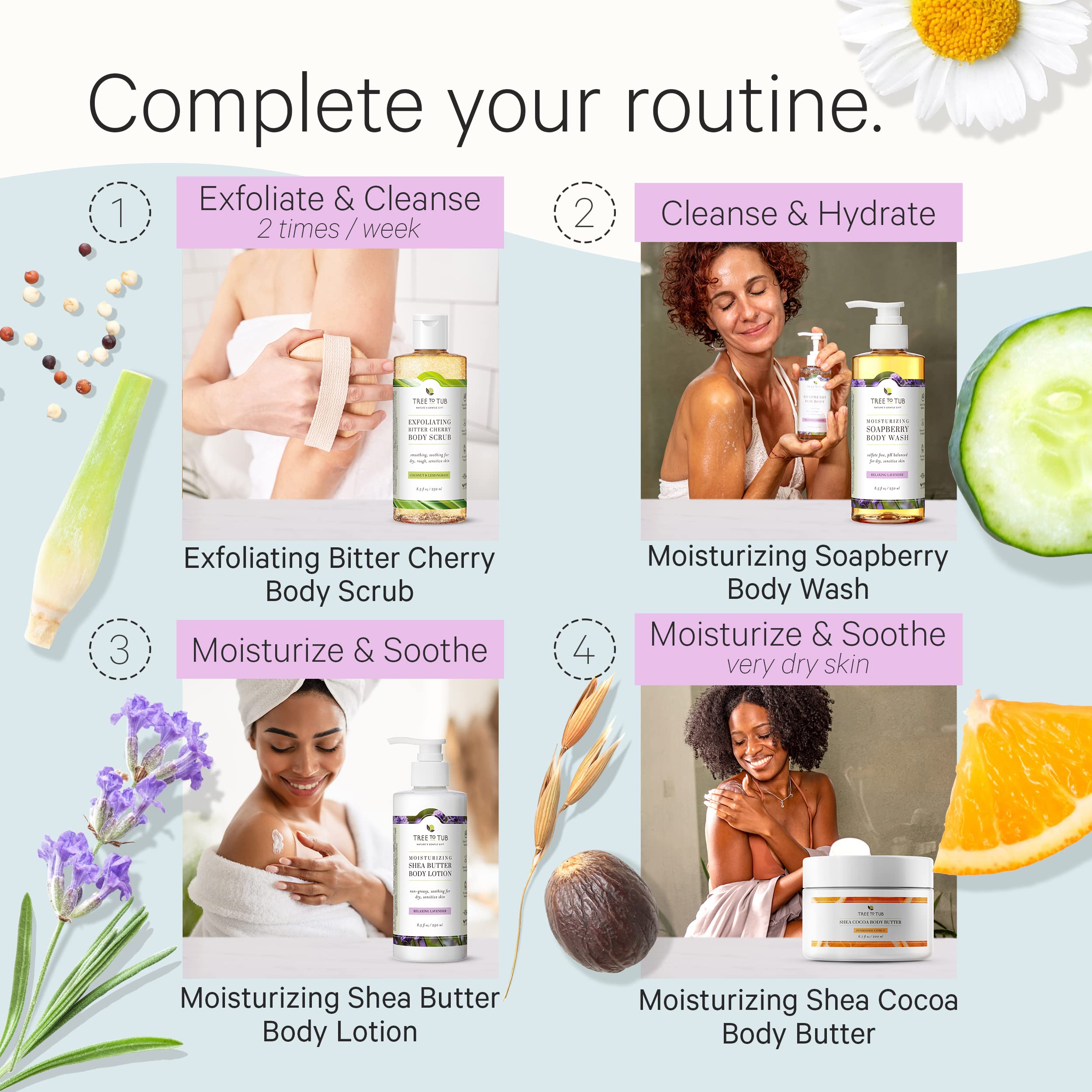 Tree to Tub Cocoa butter and aloe formula nourishes skin.