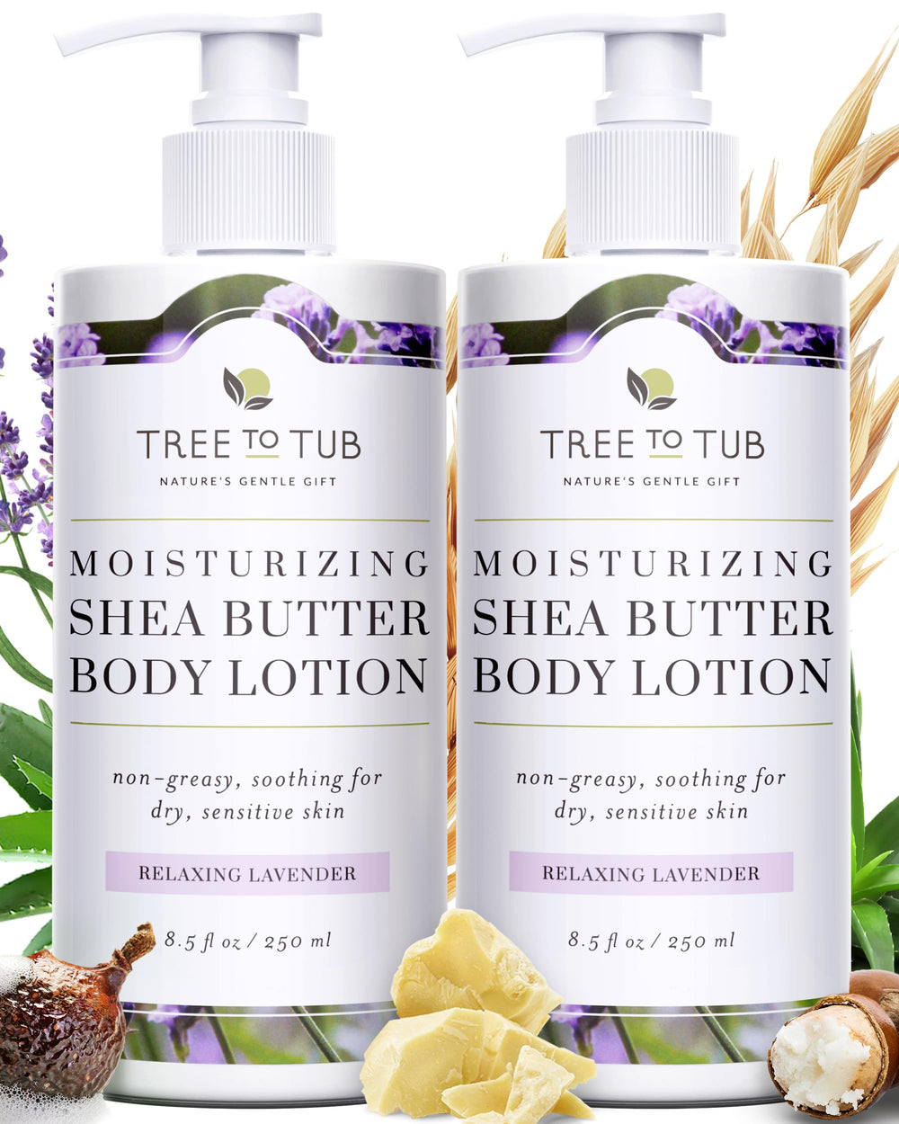Tree to Tub Lavender Shea Butter Body Lotion bottle provides calming hydration for dry skin.