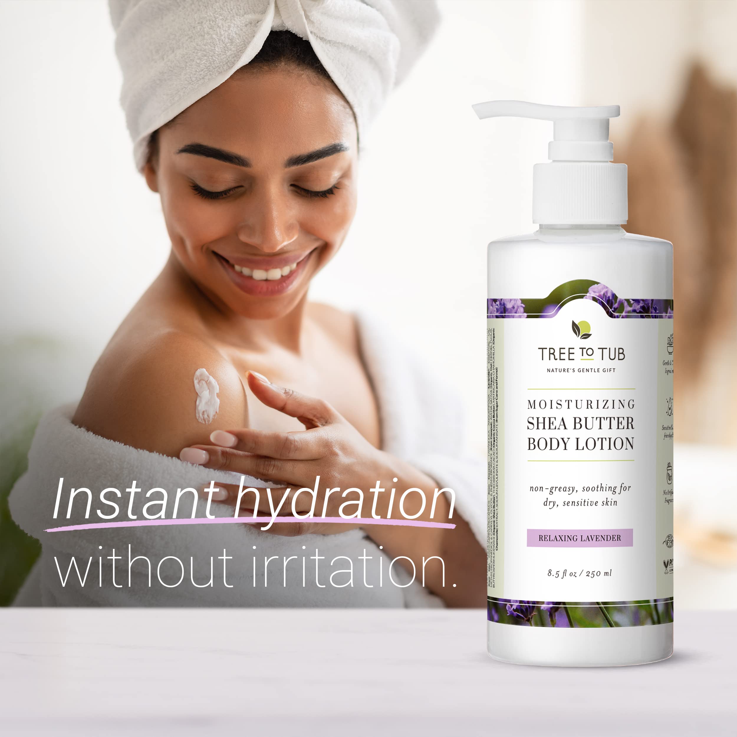 Tree to Tub Lavender Shea Butter Body Lotion jar on a bathroom shelf for daily moisture.