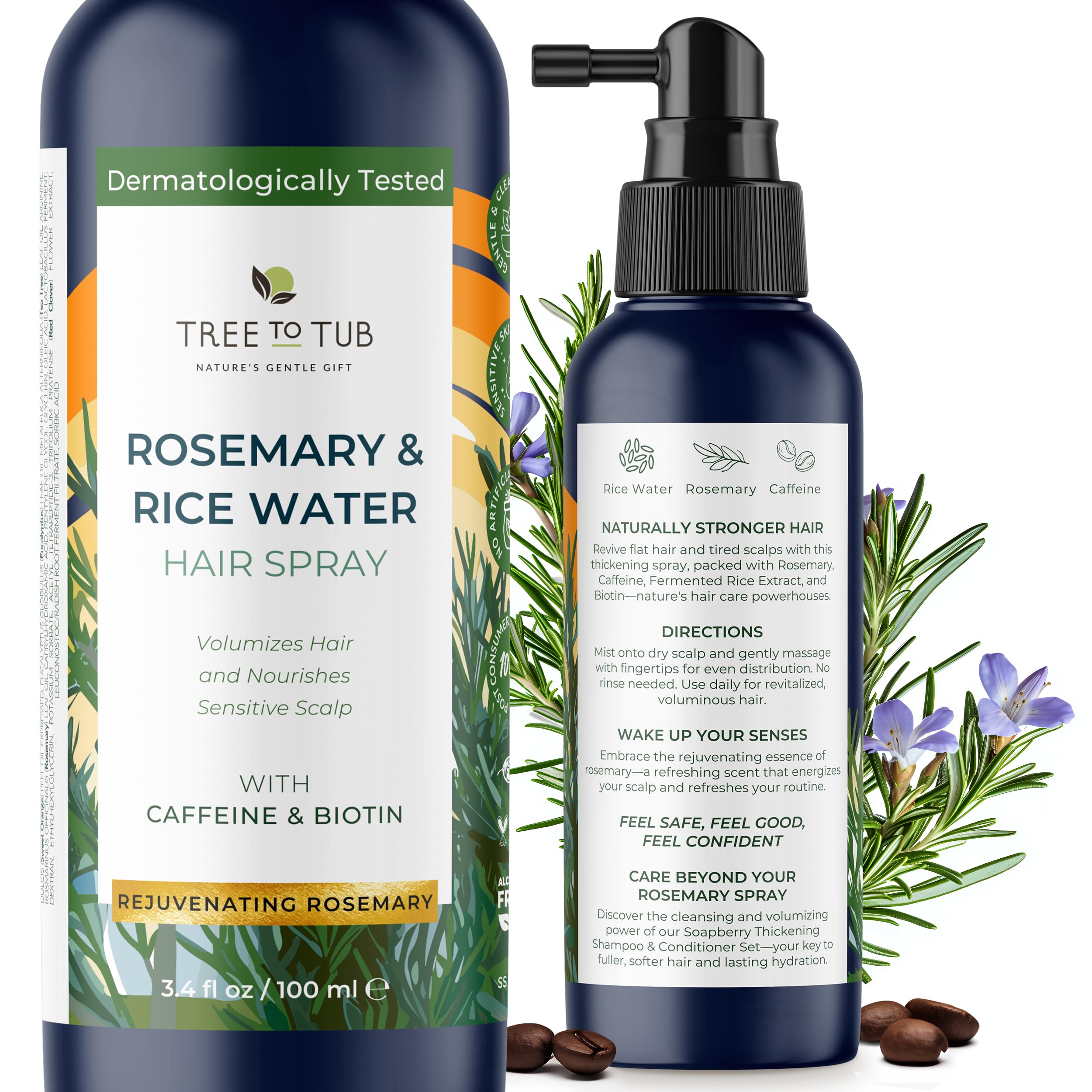 Tree To Tub Rosemary Water Spray bottle delivers volumizing mist for daily scalp nourishment.
