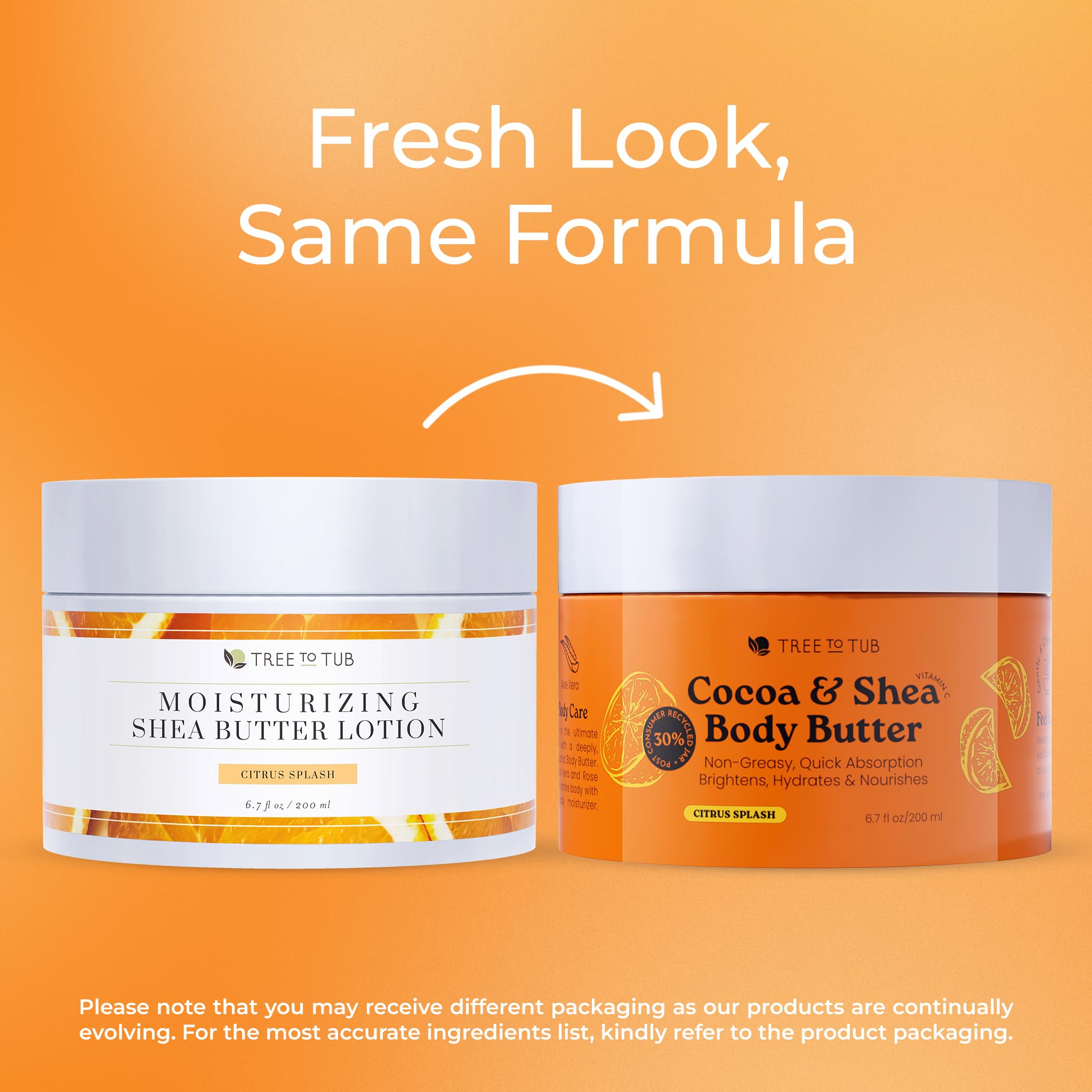 Tree to Tub Shea Body Butter citrus-scent bottle on vanity.