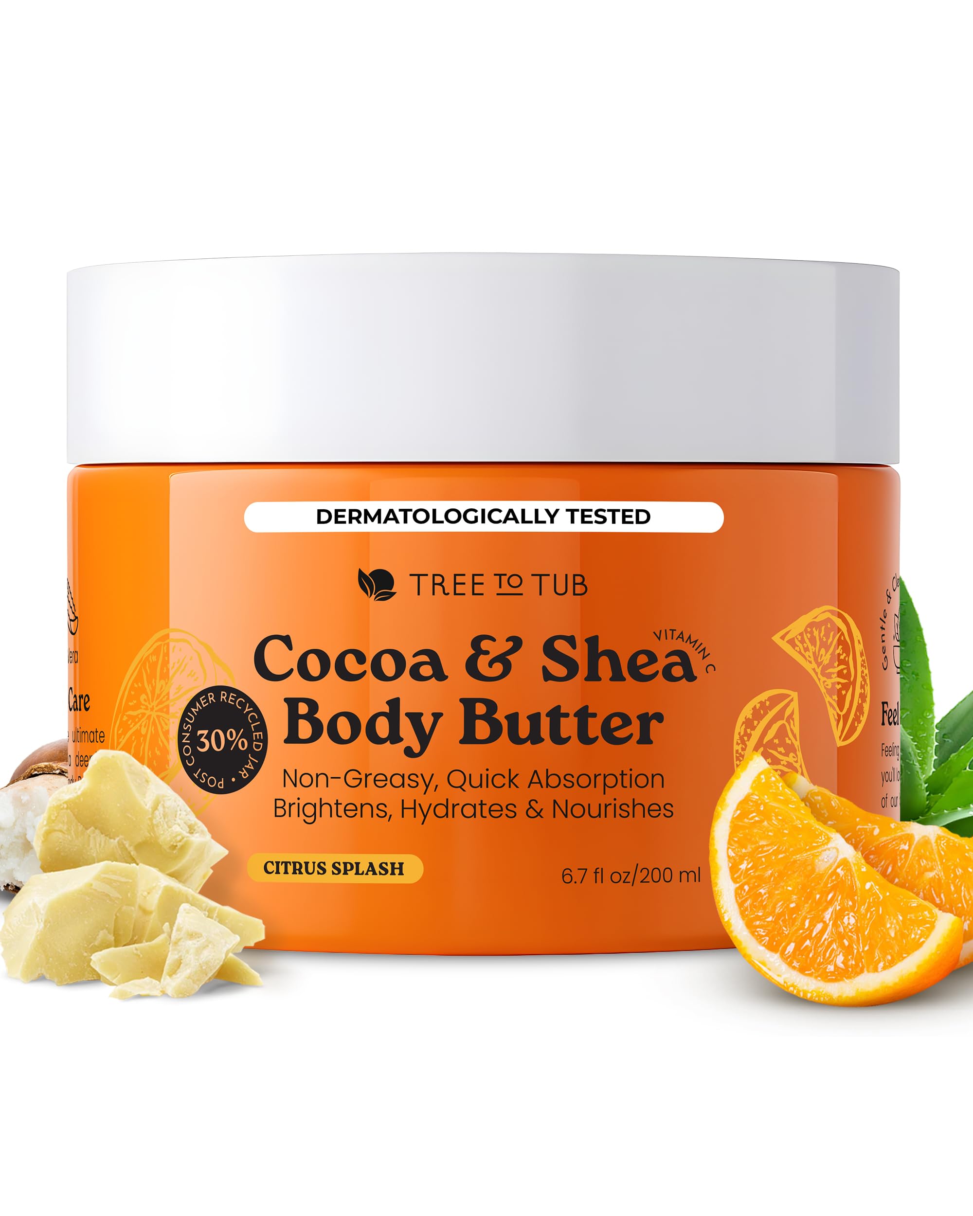 Tree to Tub Shea Body Butter jar close-up showing rich texture for dry skin.