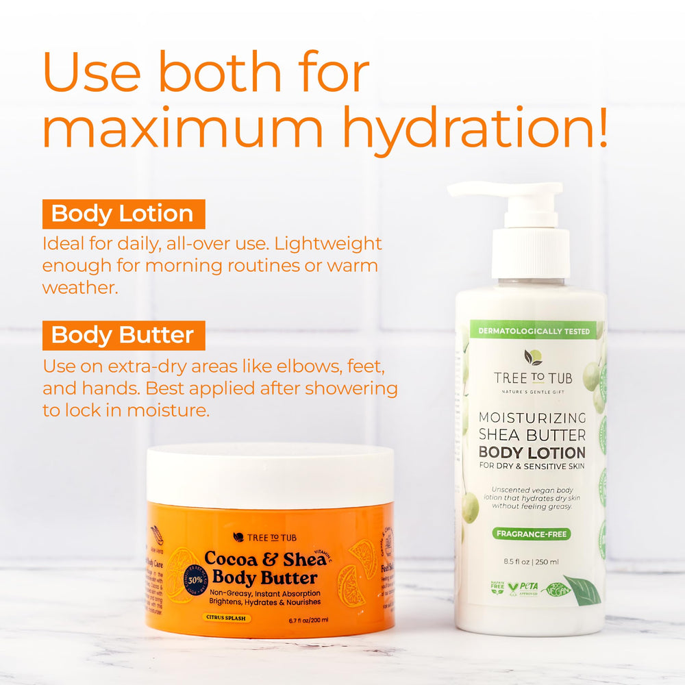 Tree to Tub Shea Body Butter vegan formula label visible.