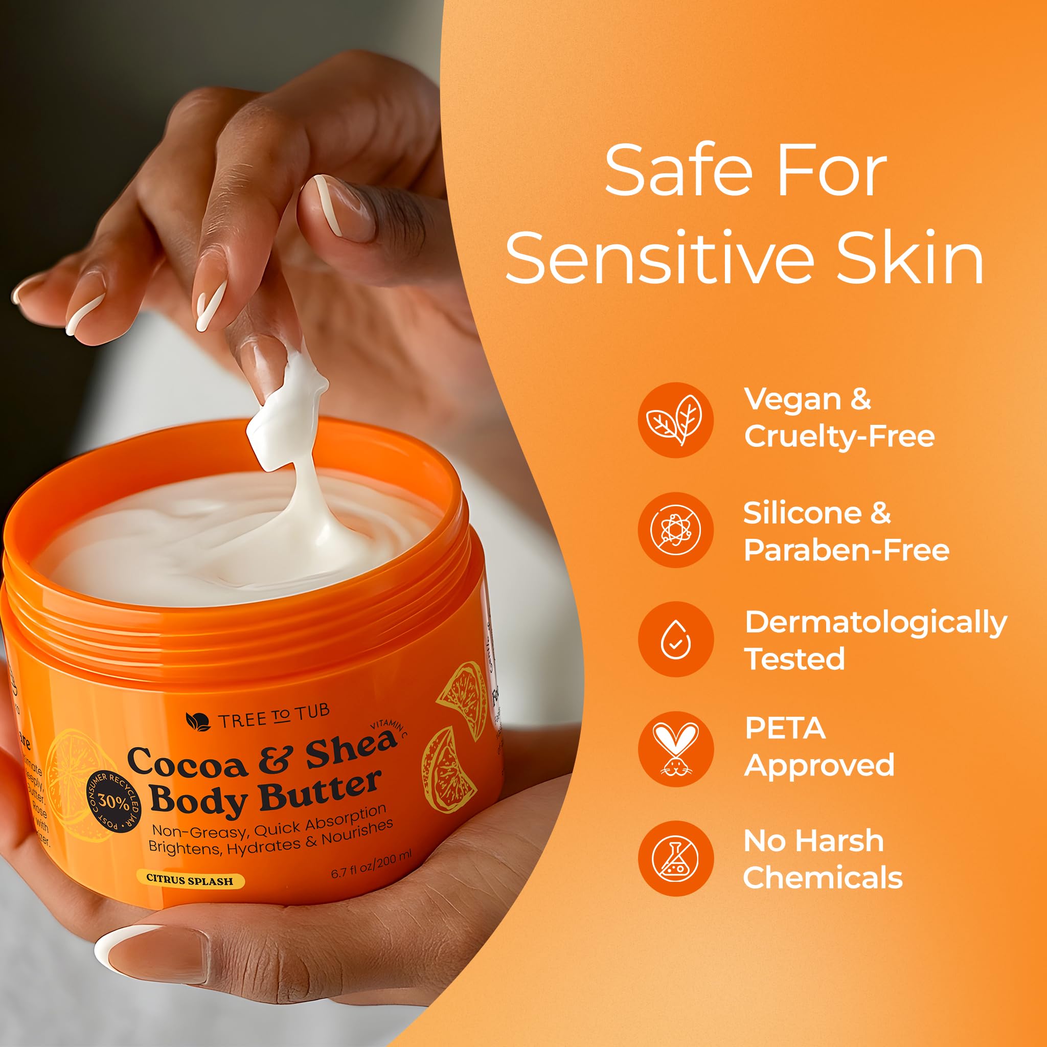 Tree to Tub Shea Body Butter with vitamin C droplets illustration.