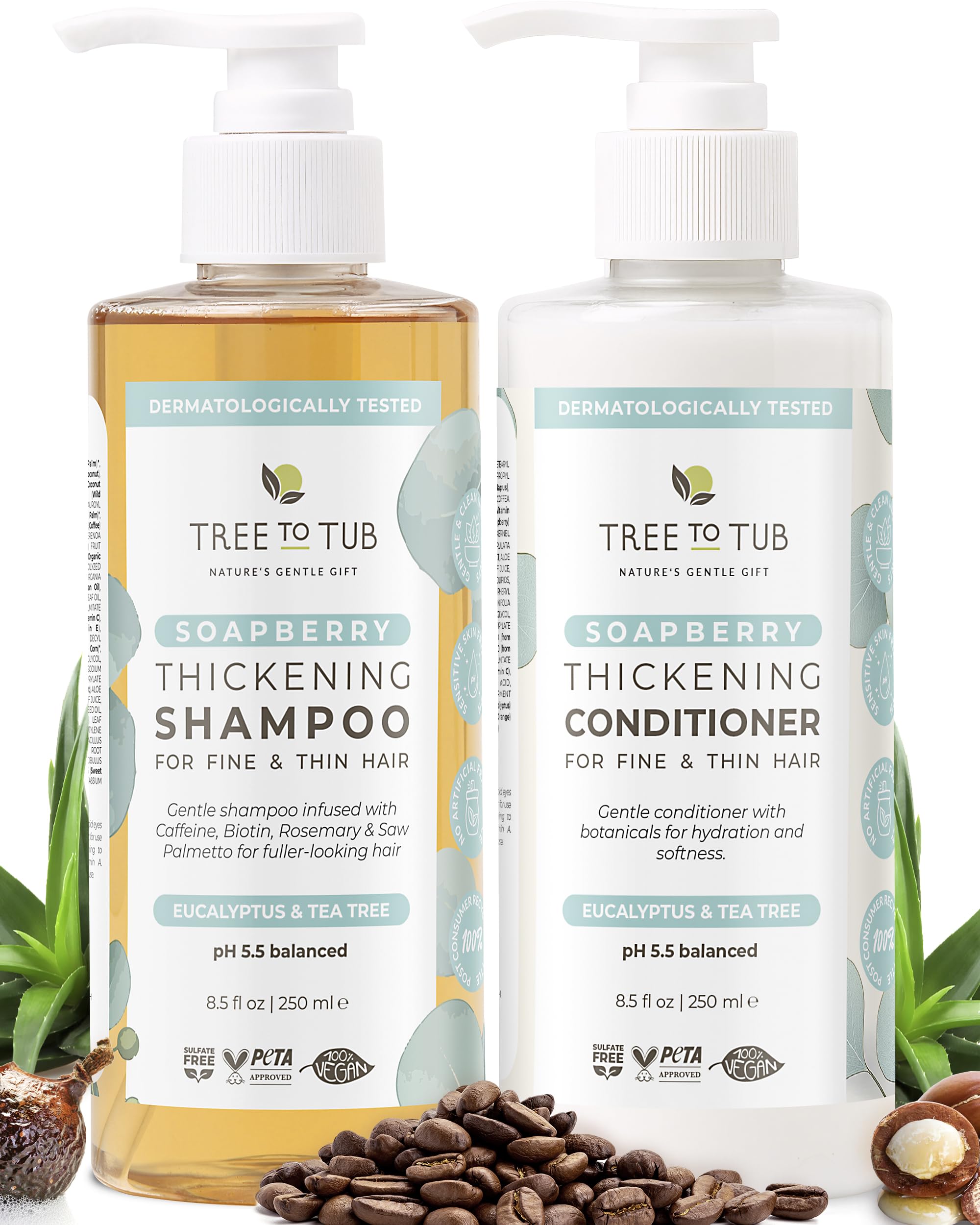 Tree to Tub Volumizing Shampoo bottle closeup with caffeine boost for fuller-looking hair.