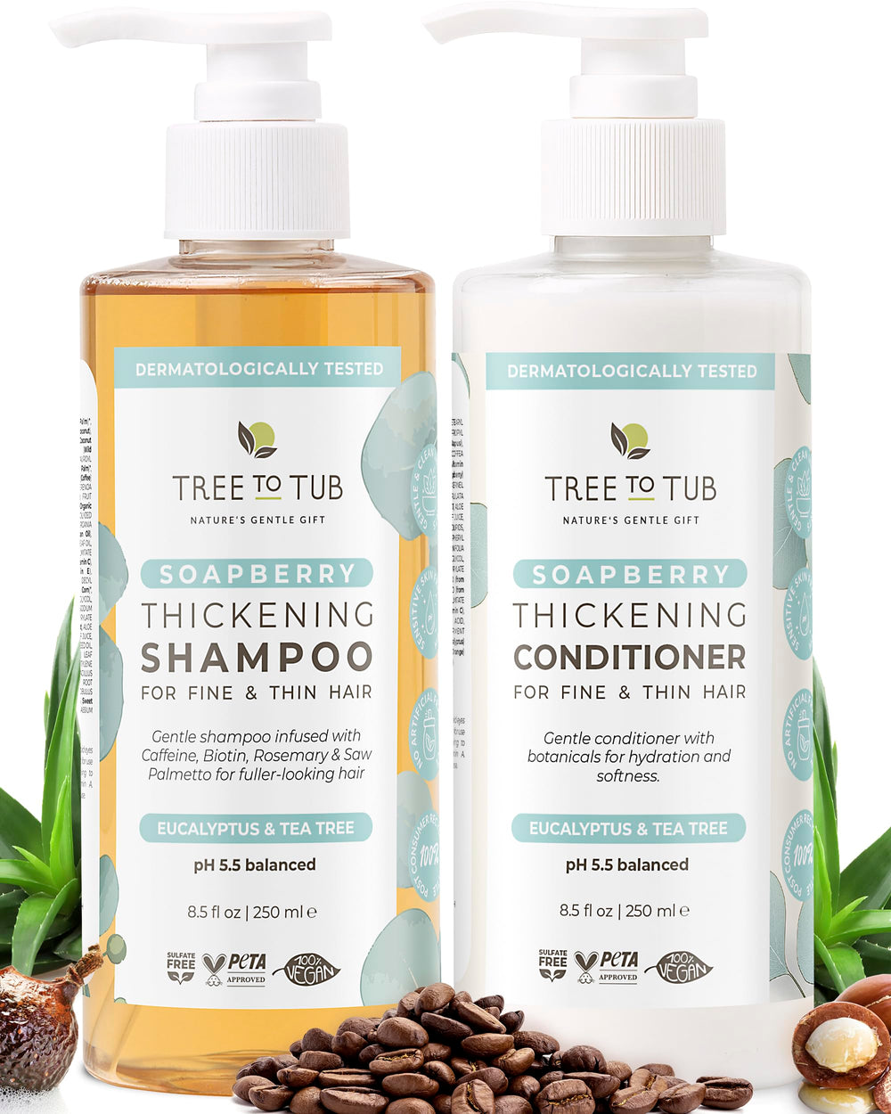 Tree to Tub Volumizing Shampoo bottle closeup with caffeine boost for fuller-looking hair.