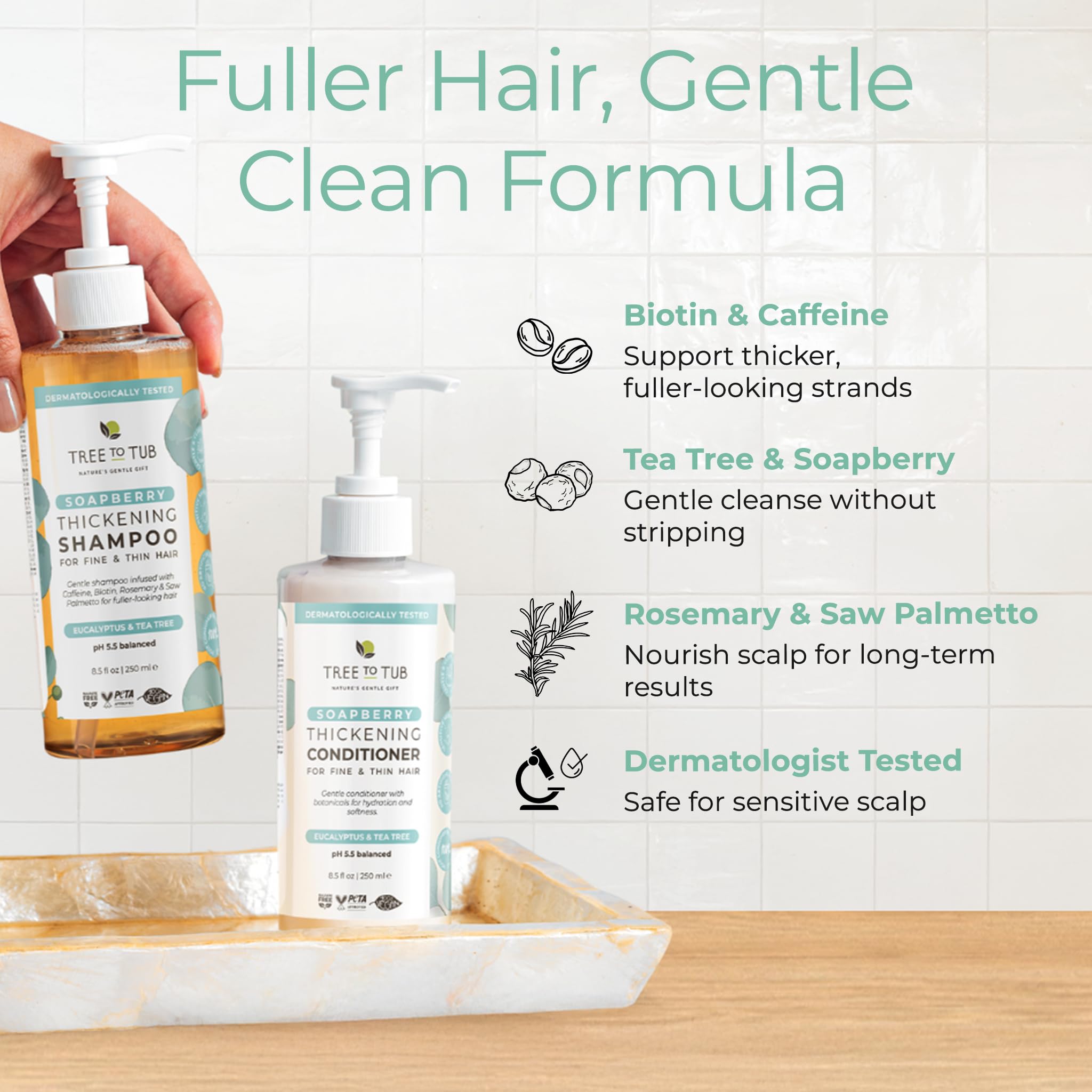 Tree to Tub Volumizing Shampoo lather action image suggesting gentle cleansing.