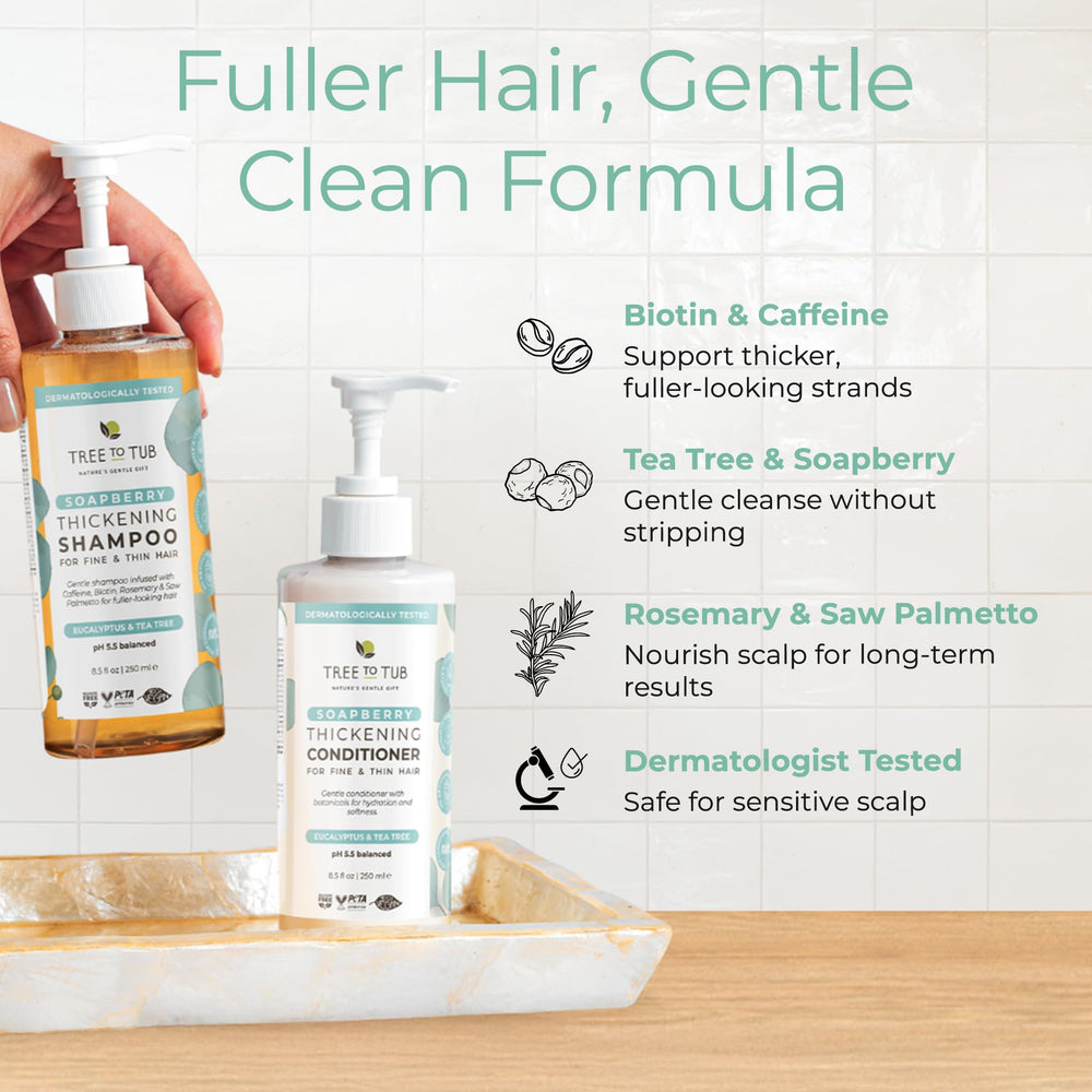 Tree to Tub Volumizing Shampoo lather action image suggesting gentle cleansing.