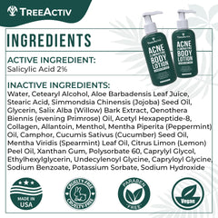 TreeActiv Acne Eliminating Body Lotion being massaged into shoulders for smooth, hydrated skin.