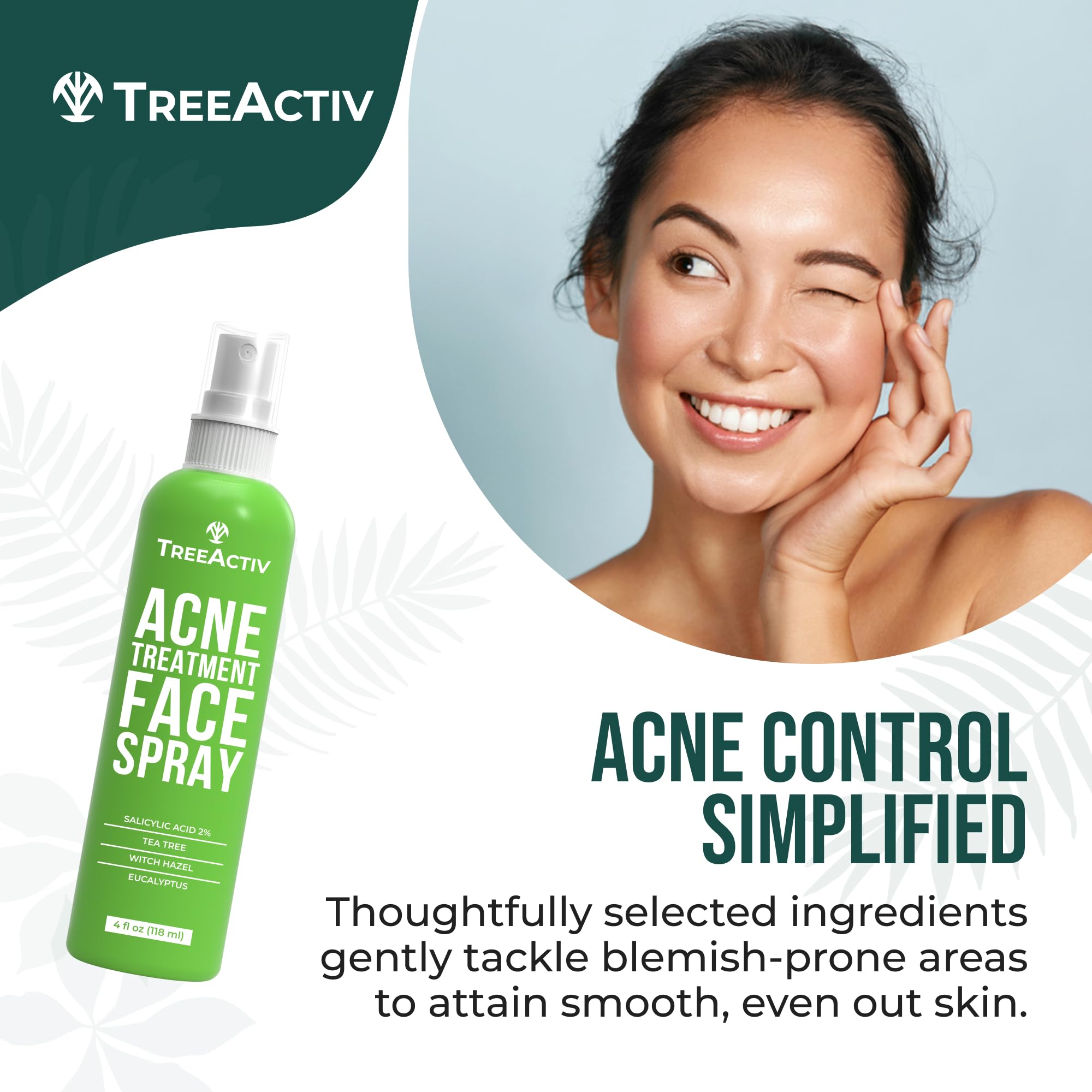 TreeActiv Acne Face Spray ingredients tea tree and witch hazel for calming clarity.