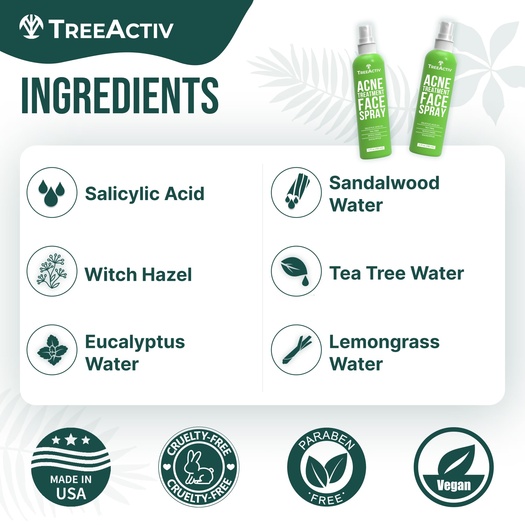TreeActiv Acne Face Spray pump bottle designed for easy morning use.