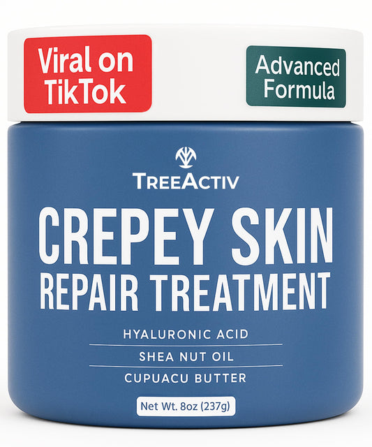 TreeActiv Crepey Skin Repair Cream bottle front shows branding and hydration focus