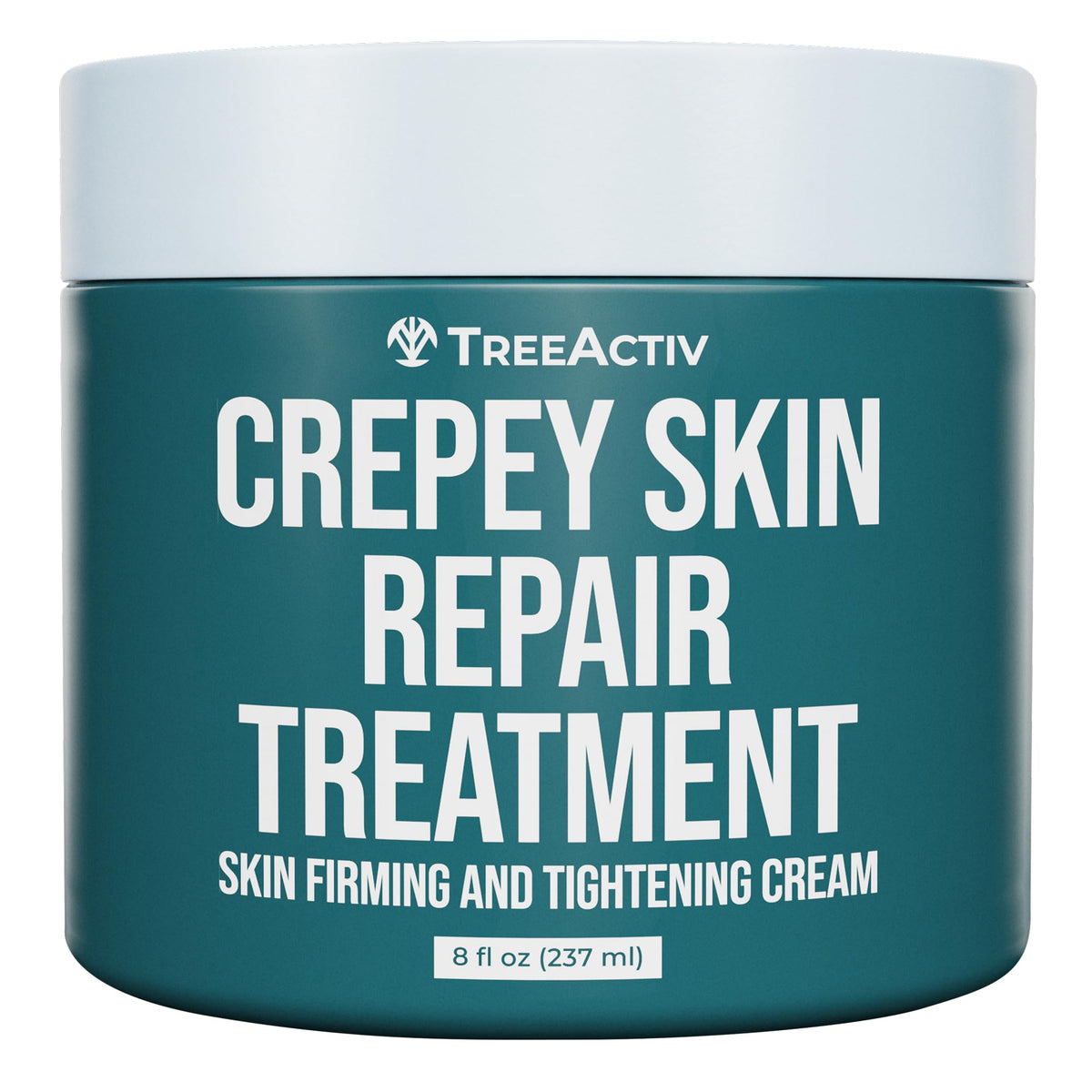 TreeActiv Crepey Skin Repair Cream bottle shows rich moisture for daily use