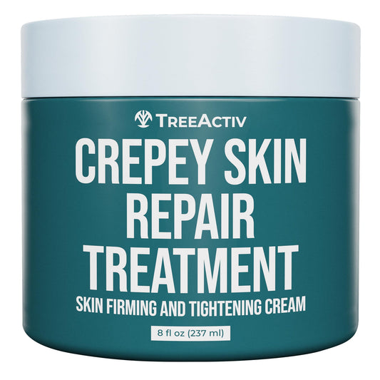 TreeActiv Crepey Skin Repair Cream bottle shows rich moisture for daily use