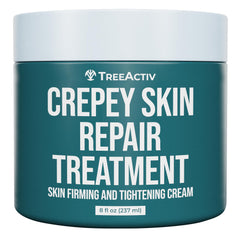 TreeActiv Crepey Skin Repair Cream bottle shows rich moisture for daily use