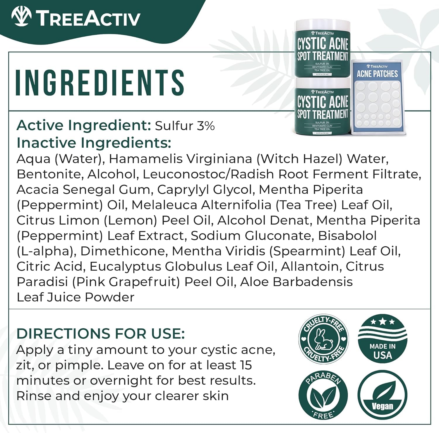 TreeActiv cystic acne spot treatment texture in jar highlights clay-sulfur blend for overnight care